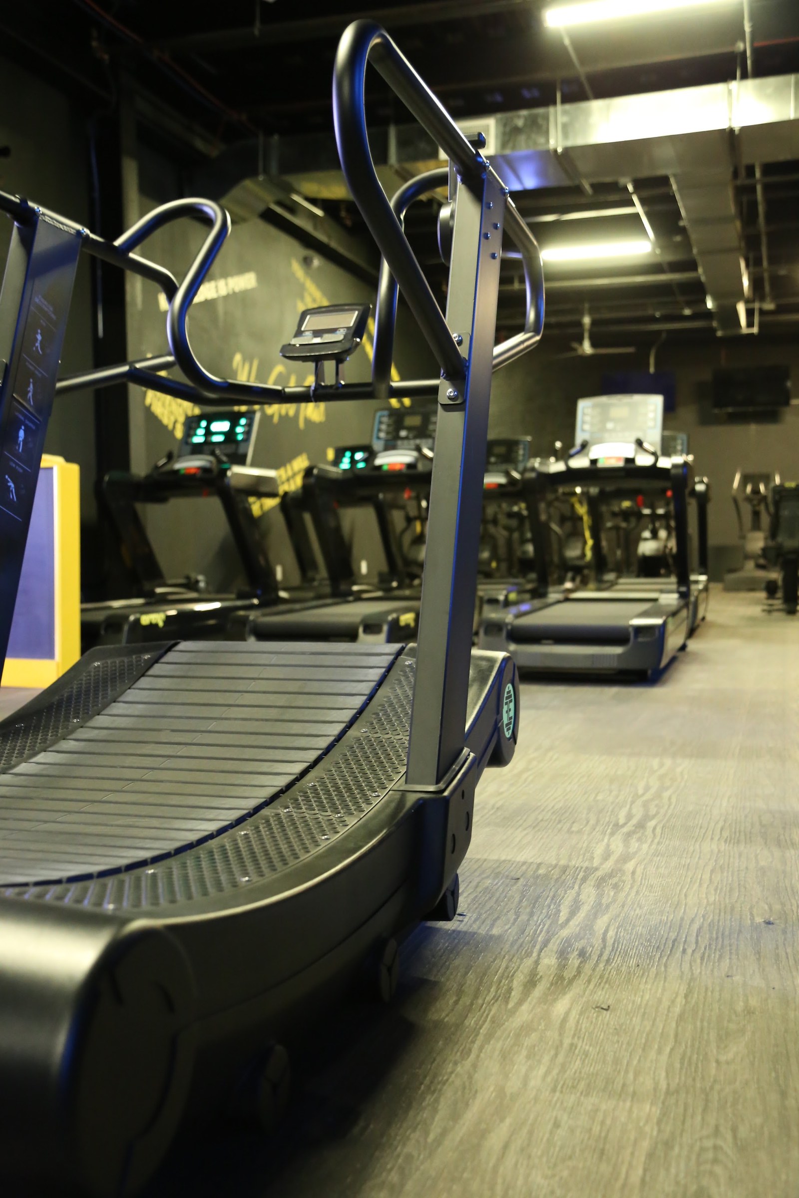 A row of curved treadmills under the gym's industrial ceiling